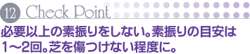 Check Point 12 必要以上の素振りをしない。素振りの目安は1～2回。芝を傷つけない程度に。